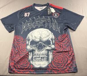 Celestial 67 Skull Rose Graphic Jersey Shirt Men’s XL NWT  Navy Red Streetwear